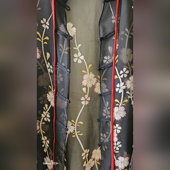 Sheer Black Floral Embroidered Kimono Robe with Contrast Trim - Picture 3 of 5